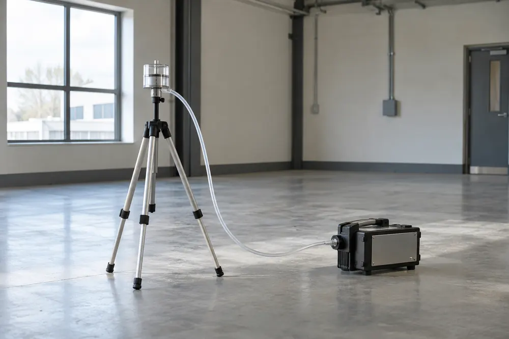 Air sampling pump and filter head on a tripod in a vacant industrial room