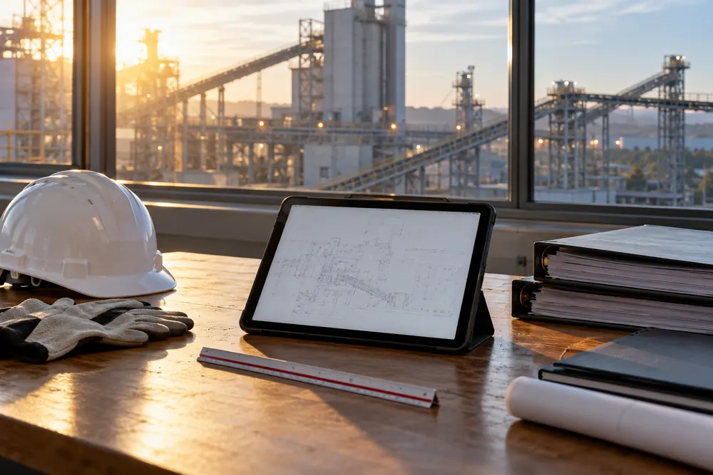 Tablet, site records and safety equipment on a facilities management desk